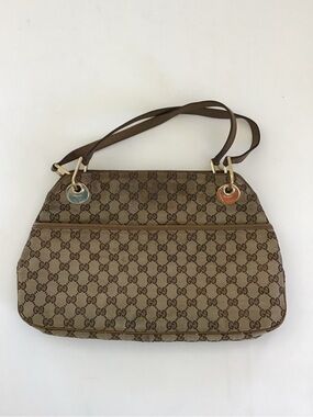 Gucci GG Canvas Eclipse Shoulder Bag Beige Brown Monogram Leather Trim Italy